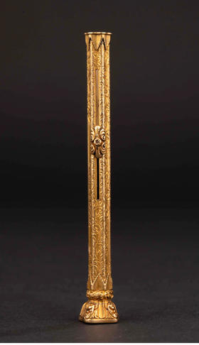 独角鹿西洋古董 1870年代英国名坊Sampson Mordan签名出品血滴石火漆印章装饰卷叶纹黄金精雕笔杆