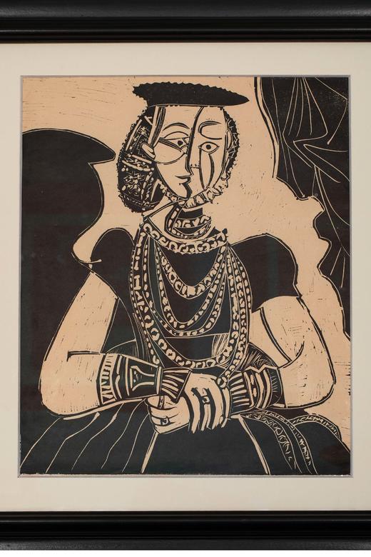 独角鹿西洋古董 1958年西班牙艺术画家创作出品限量麻胶版画《年轻女子肖像·追随克拉纳赫》 商品图2