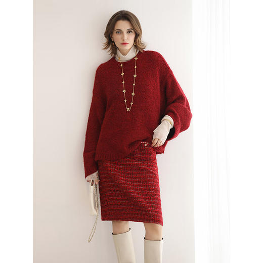 COCOBELLA轻奢小香风粗花呢红色中长款半身裙女直筒裙HS129 商品图1