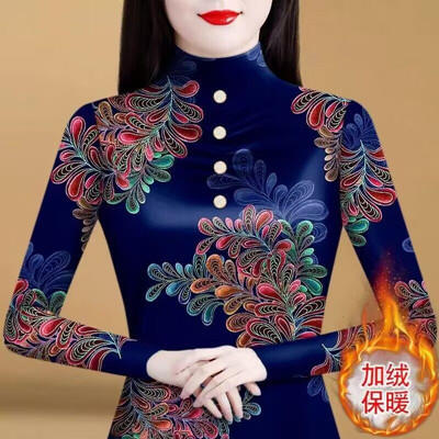 KQL B41N6325半高领加绒打底衫洋气印花修身小衫上衣 商品图0