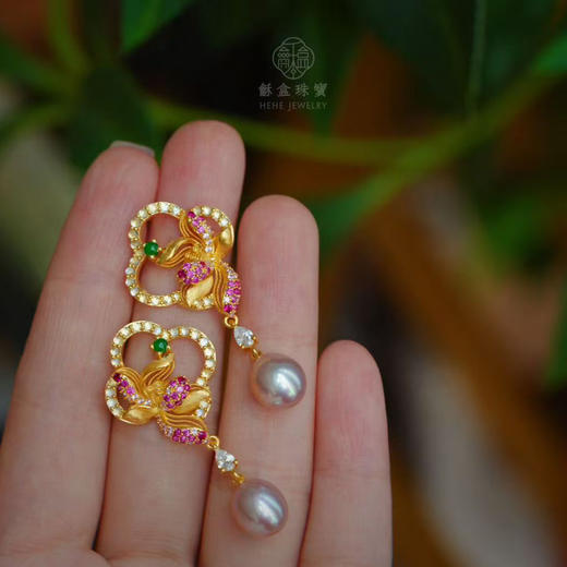 龢盒原创 夜未央·荷风拂夏池 银镶翡翠珍珠荷香耳坠 商品图1