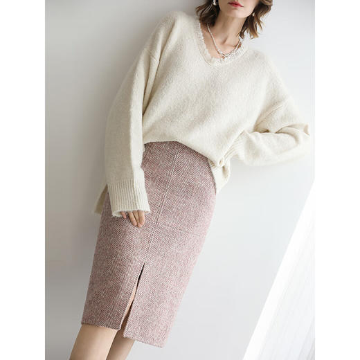 COCOBELLA气质粉色开叉高腰半身裙女秋冬通勤毛呢半裙HS0065 商品图2