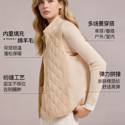 官网2800！M家秋冬轻暖菱形格拼接抓绒立领外穿女士马甲绵羊毛夹层叠穿保暖背心 商品图0