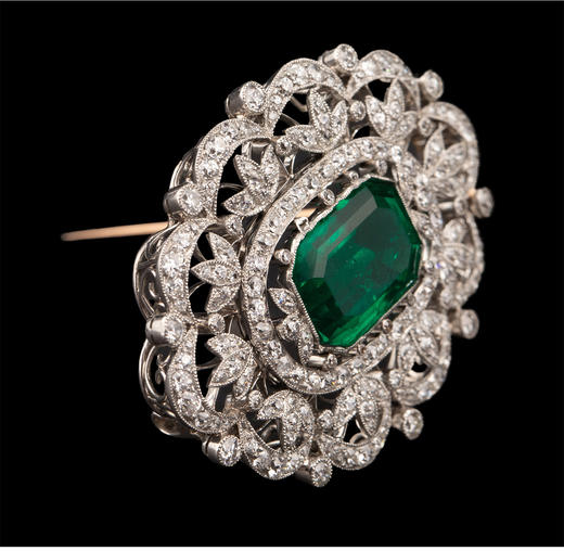 独角鹿西洋古董 1900年代英国爱德华时期出品铂金镶嵌祖母绿及钻石花叶造型胸针 带原盒 商品图4