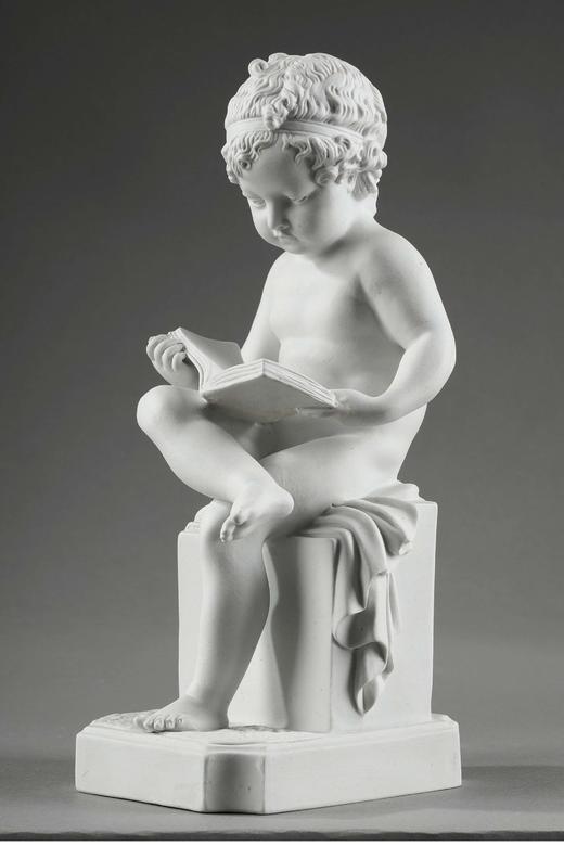 独角鹿西洋古董 20世纪法国出品阅读的孩童主题素胎瓷人物雕塑一对 商品图2