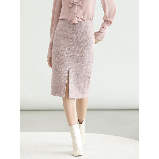 COCOBELLA气质粉色开叉高腰半身裙女秋冬通勤毛呢半裙HS0065 商品图1