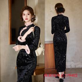 韩国绒印花长款修身长袖旗袍，复古中国风中老年女士旗袍SYK179402