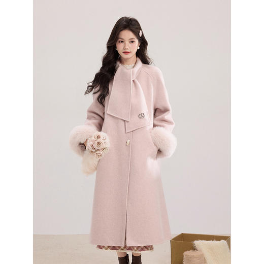 鹿向南「香浮花月」高级感双面加厚毛呢外套冬季淡粉色中长款大衣 商品图4