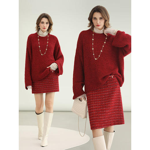 COCOBELLA轻奢小香风粗花呢红色中长款半身裙女直筒裙HS129 商品图2