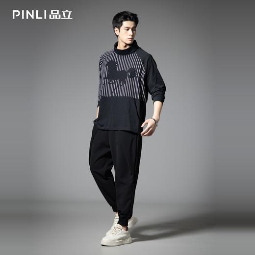PINLI品立2025秋季新款拼料插肩袖堆堆领T恤潮牌休闲宽松男士上衣B253111105 商品图1