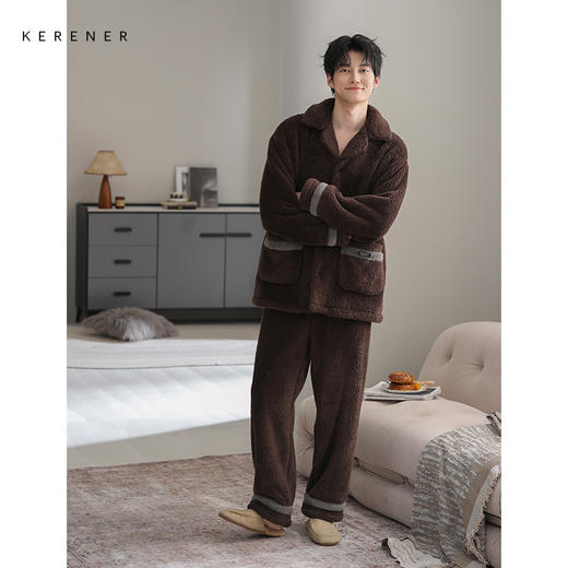 可人儿冬季男士保暖舒棉绒睡衣秋冬休闲翻领男款加厚珊瑚绒家居服 商品图1