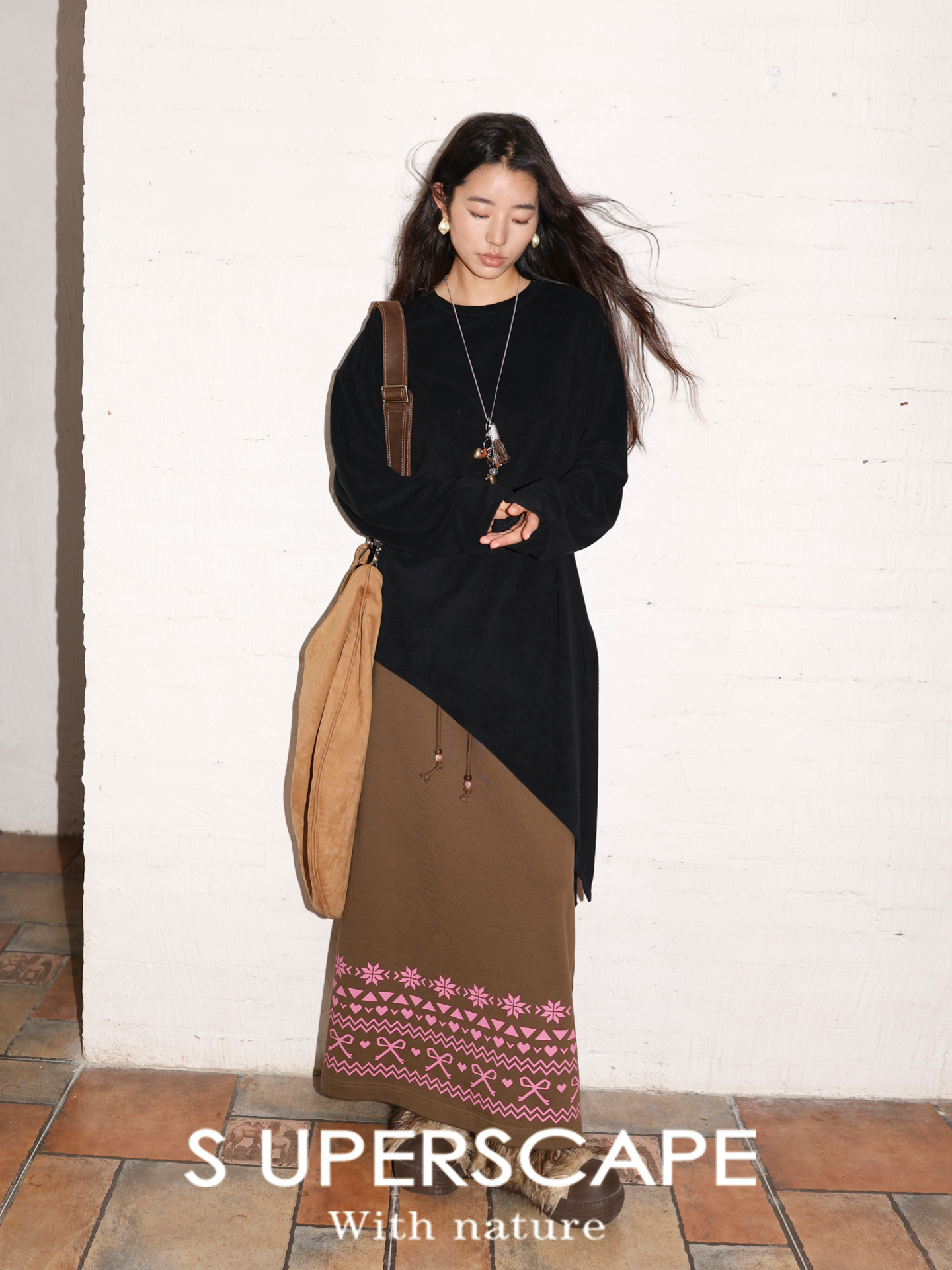 素舶 费尔岛印花下摆串珠抽绳拉架柔软弹力显瘦针织长半裙