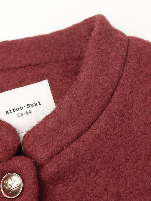 酒红色立领多口袋毛呢短外套 复古风单排扣显瘦上衣 秋冬质感百搭女式夹克 商品图2