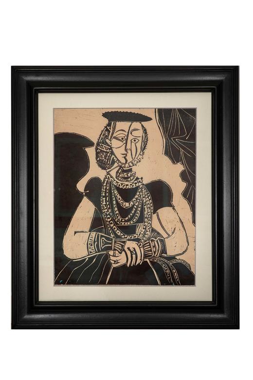 独角鹿西洋古董 1958年西班牙艺术画家创作出品限量麻胶版画《年轻女子肖像·追随克拉纳赫》 商品图1