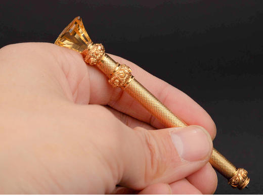 独角鹿西洋古董 1880-1890年代英国出品黄水晶火漆印章装饰菱格纹黄金精雕笔杆 商品图1