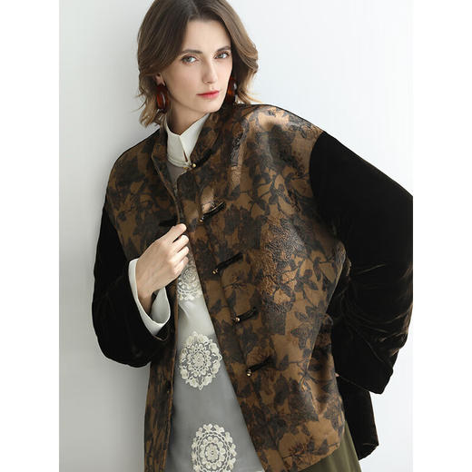 COCOBELLA新中式丹青丝绒棉服女国风保暖提花缎面外套MF3239 商品图1