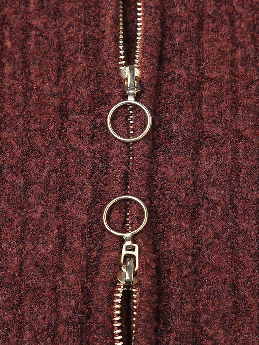 酒红色拉链针织开衫 复古风立领短款毛衣外套 冬季显瘦百搭质感女式上衣 商品图3