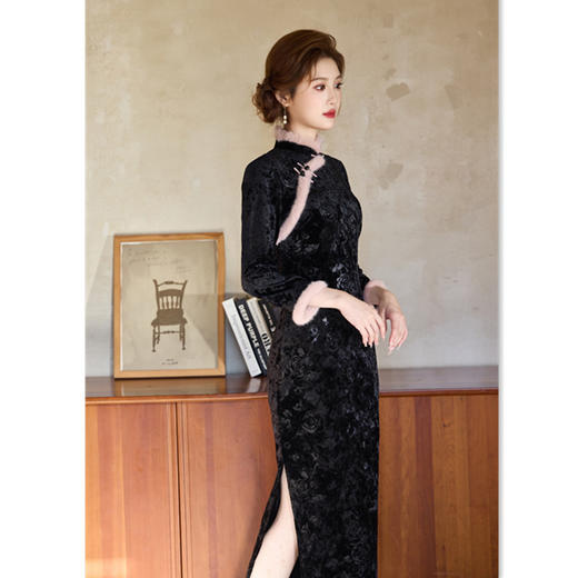 韩国绒印花长款修身长袖旗袍，复古中国风中老年女士旗袍SYK179402 商品图2