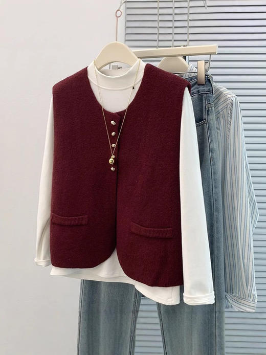 秋冬新款【针织马甲开衫】气质坎肩无袖背心 韩系chic酒红色上衣 商品图3