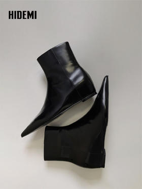 HIDEMI经典复古美拉德风开边珠牛皮尖头切尔西短靴内增高中缝踝靴