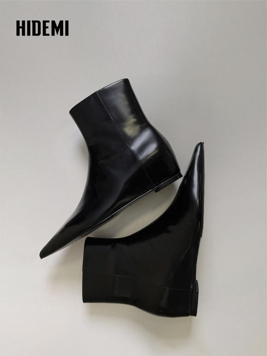 HIDEMI经典复古美拉德风开边珠牛皮尖头切尔西短靴内增高中缝踝靴 商品图0