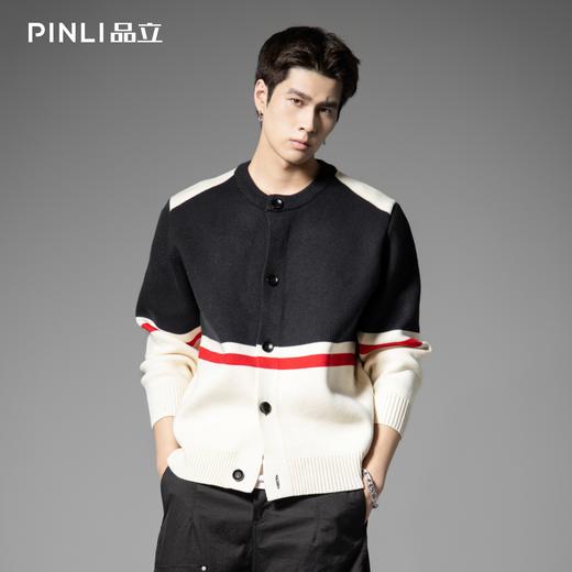 PINLI品立2025秋季新款圆领色块撞色开衫针织衫毛衣外套男士潮牌GD253110186 商品图3