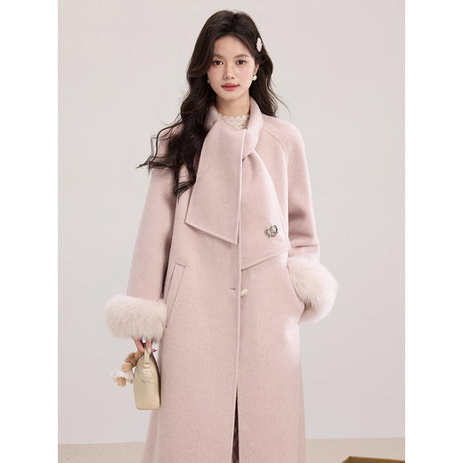 鹿向南「香浮花月」高级感双面加厚毛呢外套冬季淡粉色中长款大衣 商品图3