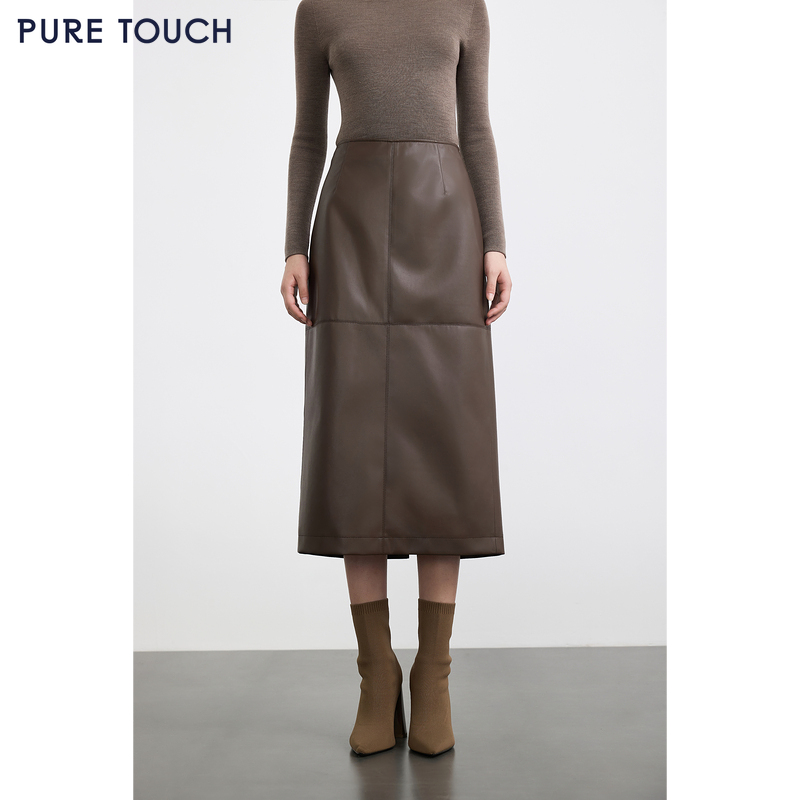 商场同款PURE TOUCH女装 25秋冬新款PU革H型半裙哑光时髦高腰长裙