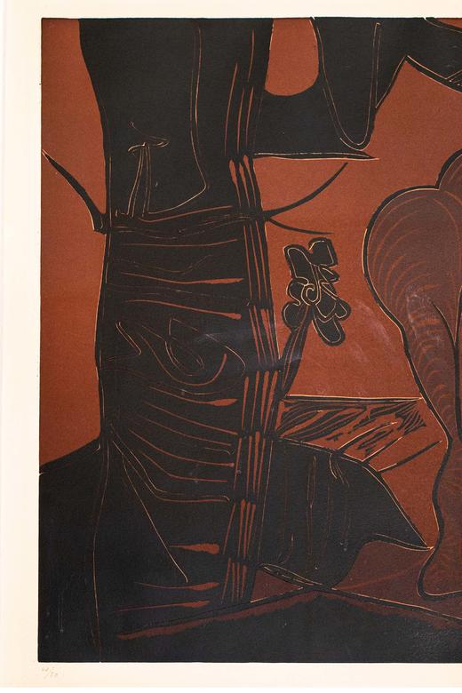 独角鹿西洋古董 1963年西班牙艺术家签名创作出品限量麻胶版画 商品图2