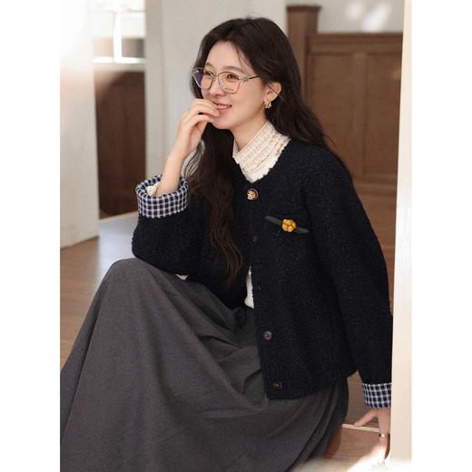 鹿向南「冬日恋岛」小个子藏蓝色短外套女秋冬高级小香风开衫上衣 商品图4