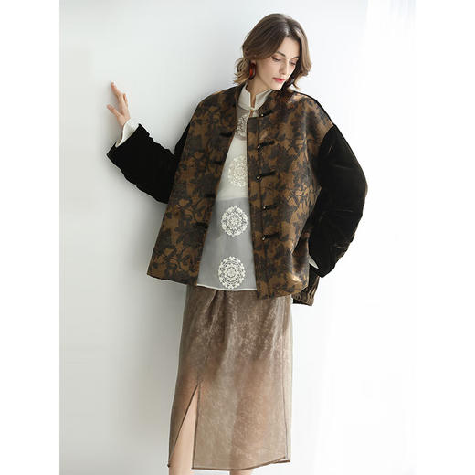 COCOBELLA新中式丹青丝绒棉服女国风保暖提花缎面外套MF3239 商品图3