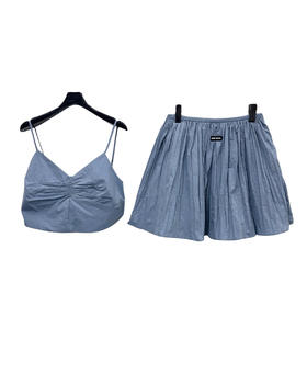 女款褶皱吊带背心短裙套装la017