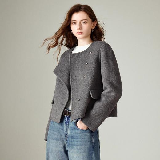 初语双面呢外套女新款圆领短款羊毛开衫复古小香风上衣 商品图0