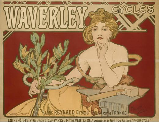 独角鹿西洋古董 1898年法国出品捷克国宝级画家穆夏签名创作海报作品《威弗利自行车 Waverley Cycles》 商品图2
