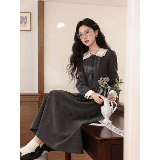 鹿向南「馥郁晚香」灰色假两件翻领连衣裙秋冬季新款中长款裙子女 商品图4