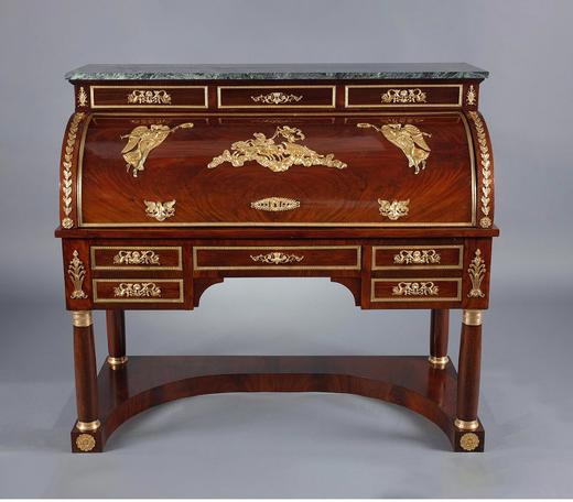 独角鹿西洋古董 1855年代法国出品帝政风格胜利女神主题铜鎏金雕饰桃花心木嵌皮革台面翻盖式写字桌 商品图0
