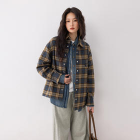 COCO ZONE 设计感格纹长袖棉服撞色polo领上衣CC1C2229