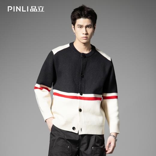 PINLI品立2025秋季新款圆领色块撞色开衫针织衫毛衣外套男士潮牌GD253110186 商品图2