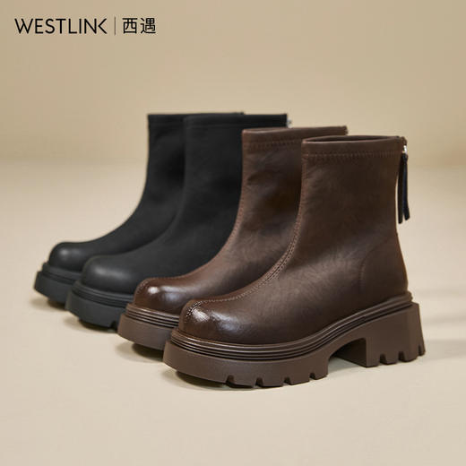 西遇厚底瘦瘦靴女新款秋冬复古小个子增高马丁靴黑色圆头短靴V2257272 商品图4