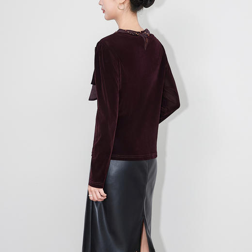 「高货wl」全新升级【铂金会员266/天猫359/差价93】(03804)洛诗琳2025秋季气质链条系脖蝴蝶结飘带修身显瘦丝绒上衣 商品图2