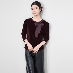 「高货wl」全新升级【铂金会员266/天猫359/差价93】(03804)洛诗琳2025秋季气质链条系脖蝴蝶结飘带修身显瘦丝绒上衣