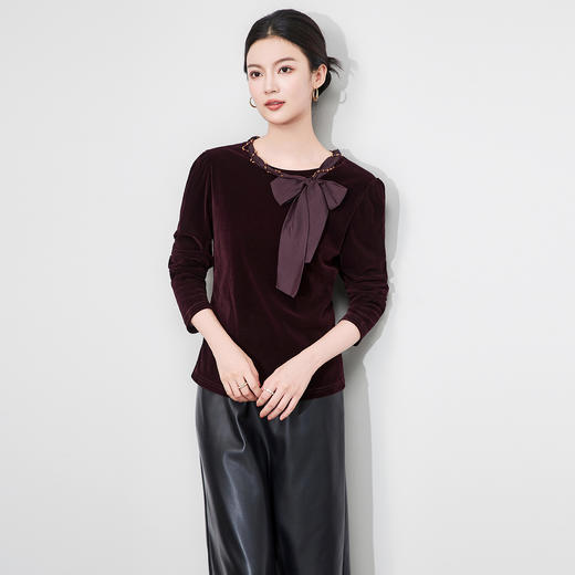 「高货wl」全新升级【铂金会员266/天猫359/差价93】(03804)洛诗琳2025秋季气质链条系脖蝴蝶结飘带修身显瘦丝绒上衣 商品图0