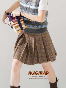 浮生八记/25C140/复古英伦羊毛箱褶格裙人字纹毛呢百褶裙