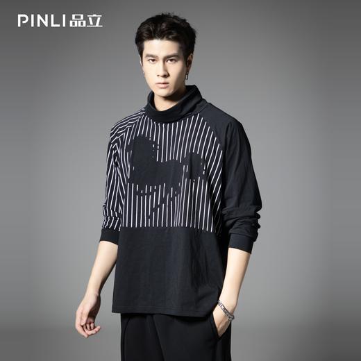 PINLI品立2025秋季新款拼料插肩袖堆堆领T恤潮牌休闲宽松男士上衣B253111105 商品图0