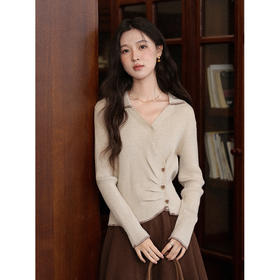 鹿向南「榛果拿铁」不规则咖米色长袖针织衫女秋季设计感修身上衣