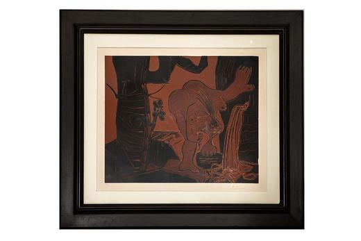 独角鹿西洋古董 1963年西班牙艺术家签名创作出品限量麻胶版画 商品图1