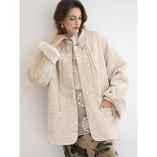 COCOBELLA新中式白色丝绒绣花轻型棉服新款女国风外套MF3016 商品图2