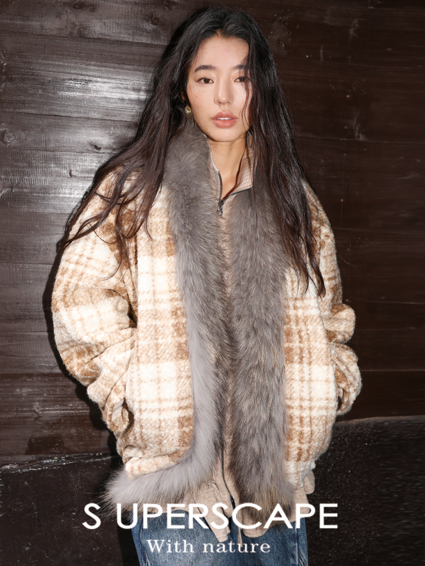 素舶 磨毛格纹拼接貉子毛皮草毛领内里绗棉摇粒绒双重保暖外套