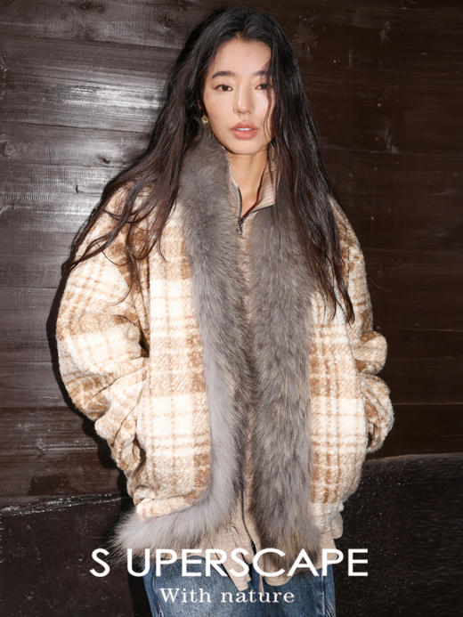 素舶 磨毛格纹拼接貉子毛皮草毛领内里绗棉摇粒绒双重保暖外套 商品图0