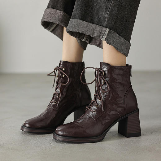 【预售5天】真皮方头粗跟马丁靴，英伦风复古百搭高跟系带短靴HB&1408 商品图1